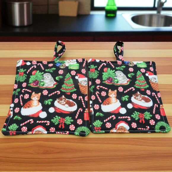 Handmade Potholder, Set of 2, Reversible Christmas Kittens Red and White Stripes - Picture 2 of 5